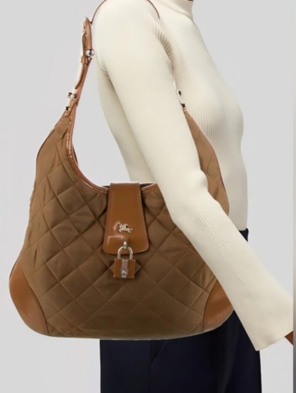 Burberry Caramel Brown Quilted Nylon Hobo Bag.
